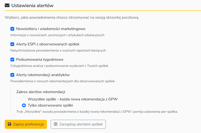 Ustawienia alertów spółek w panelu inwestora