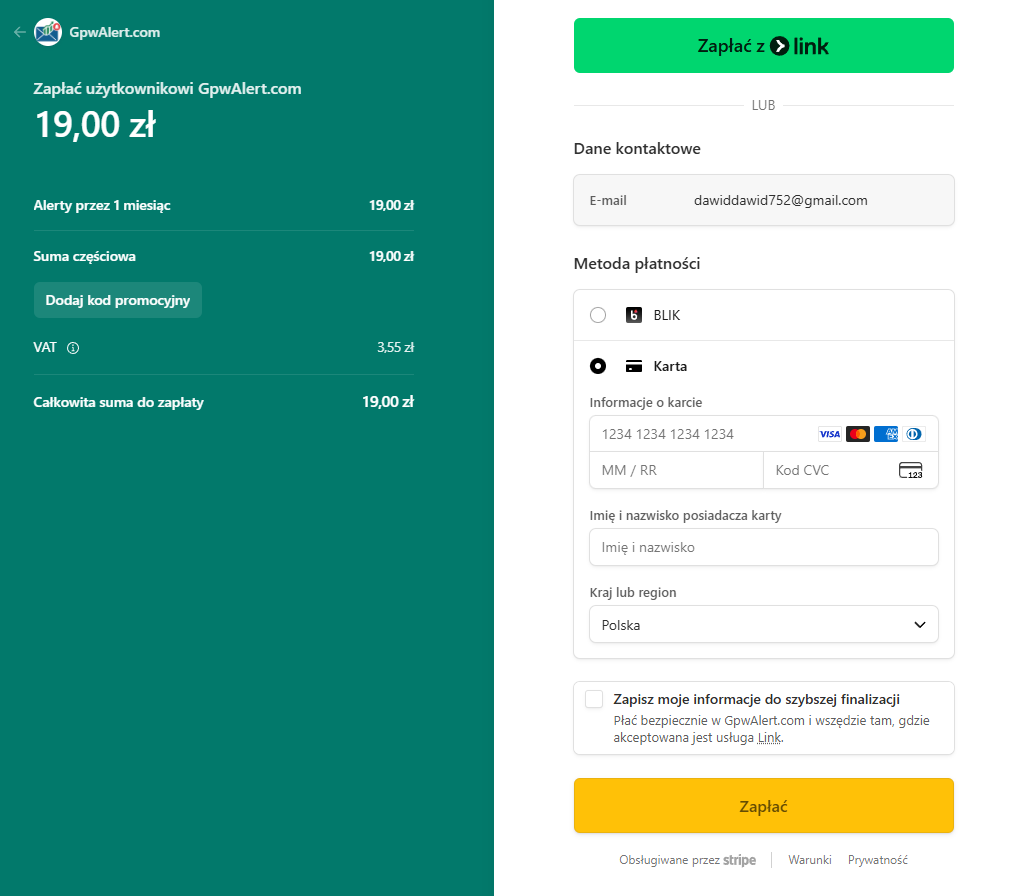 Formularz płatności Stripe