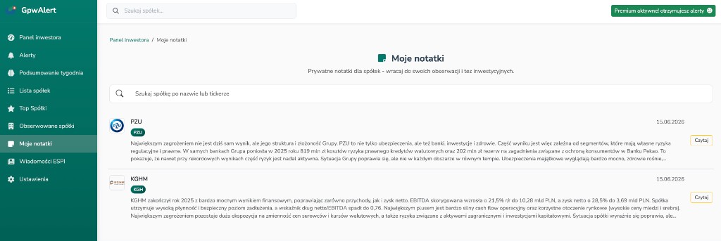 Lista notatek w panelu inwestora GpwAlert.com