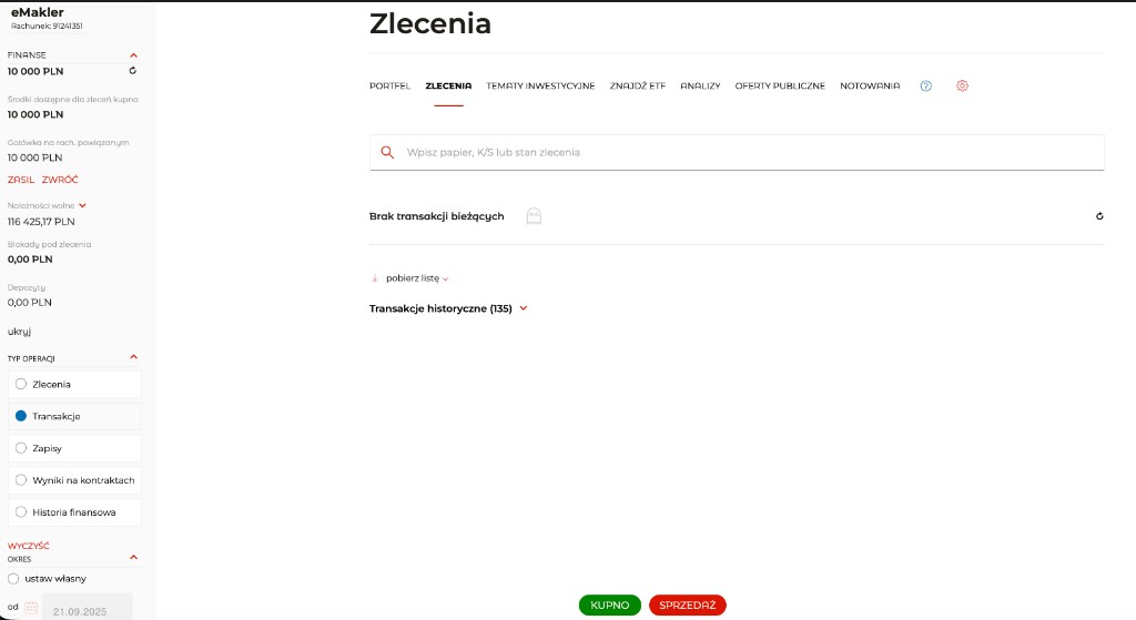 Eksport CSV w mBank eMAKLER: Transakcje, zakres dat Niestandardowy, Pobierz CSV