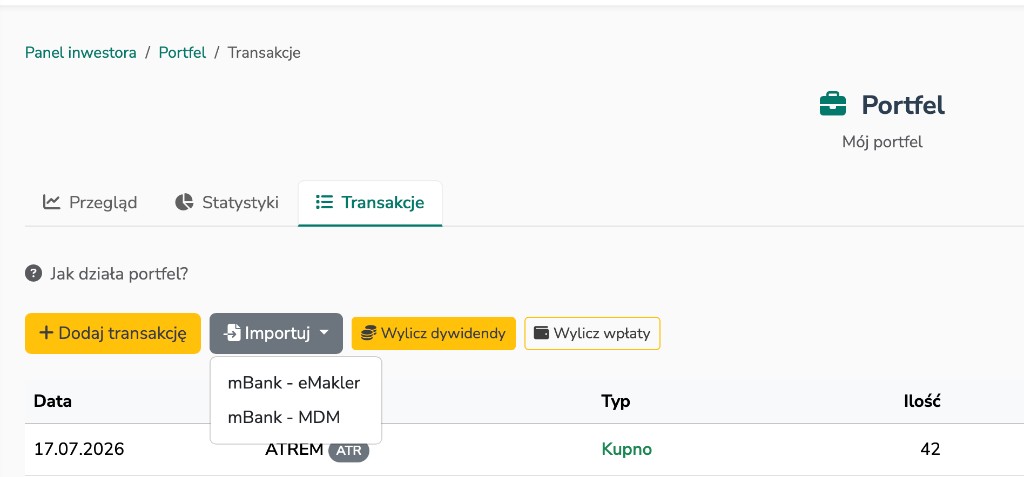 Dropdown Importuj w panelu portfela GpwAlert.com: mBank - eMakler i mBank - MDM