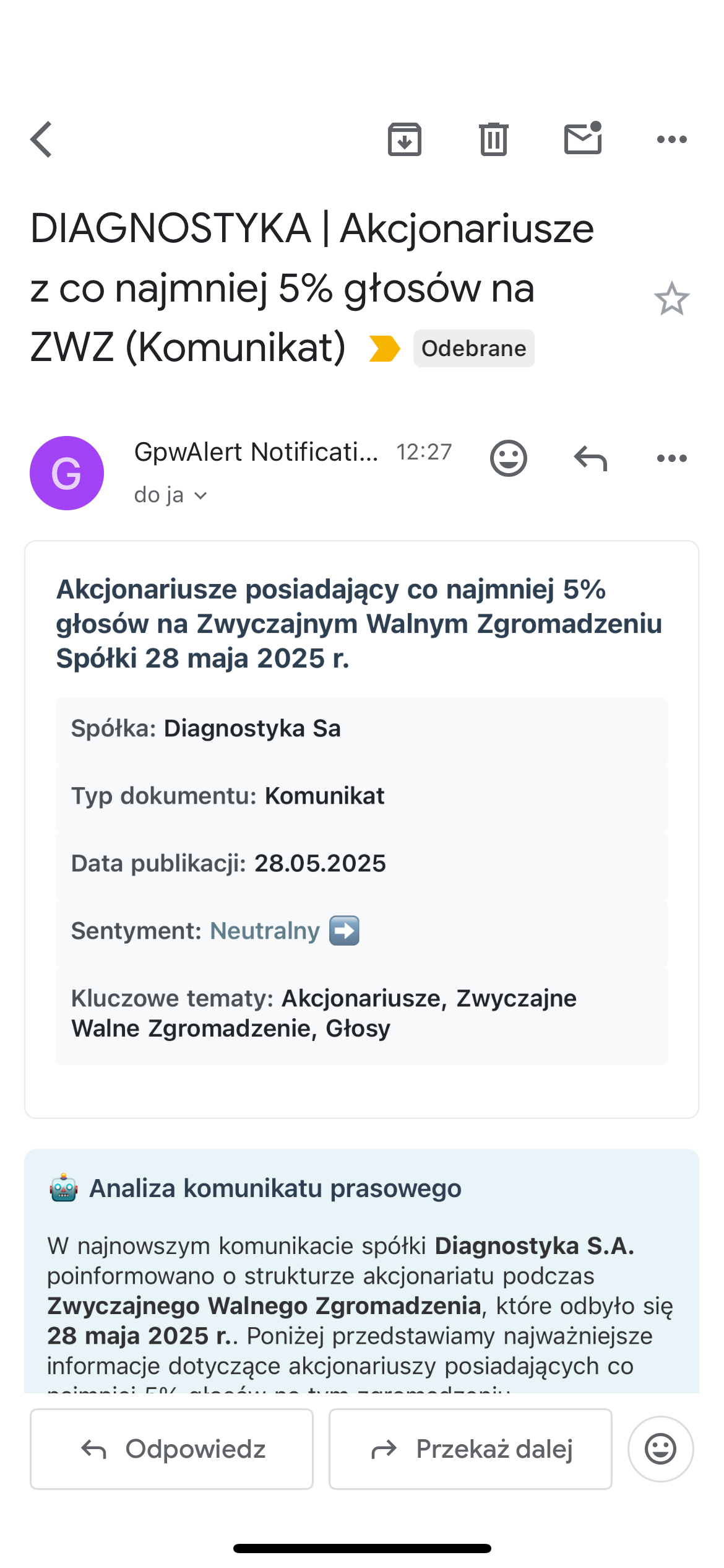 Przykład alertu GpwAlert