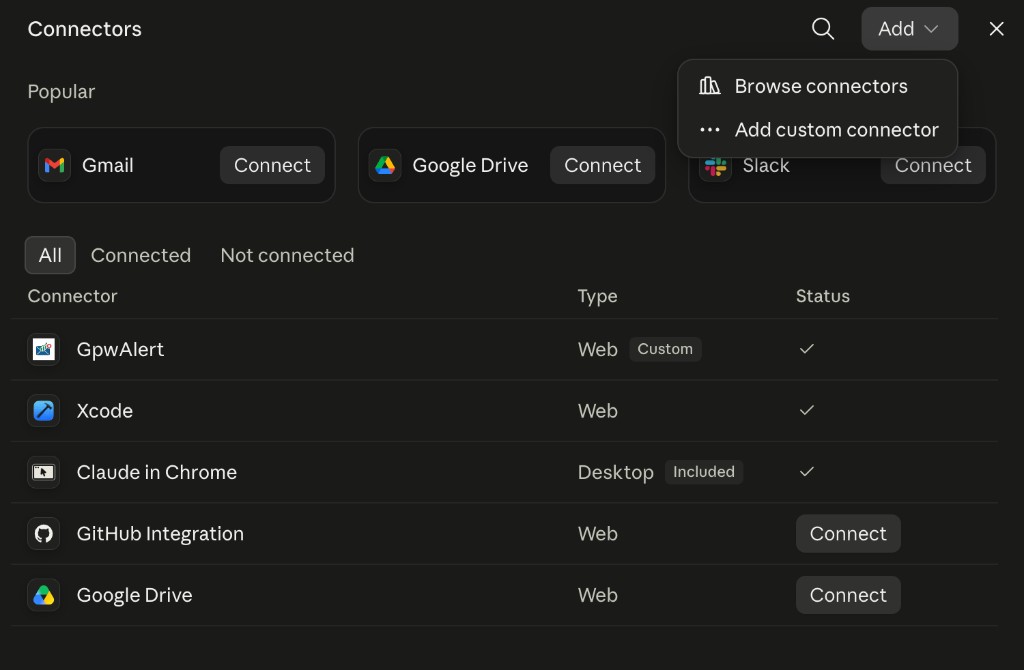 Lista connectorów w Claude.ai Desktop z opcją Add custom connector