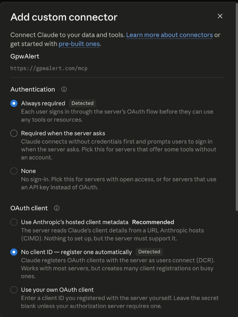 Ustawienia OAuth connectora GpwAlert w Claude.ai Desktop