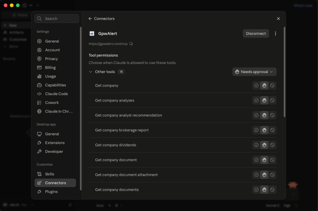 Połączony connector GpwAlert z listą narzędzi MCP w Claude.ai Desktop