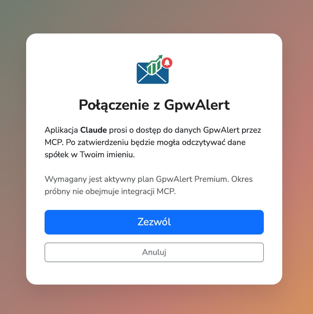 Ekran autoryzacji Połączenie z GpwAlert z przyciskami Zezwól i Anuluj