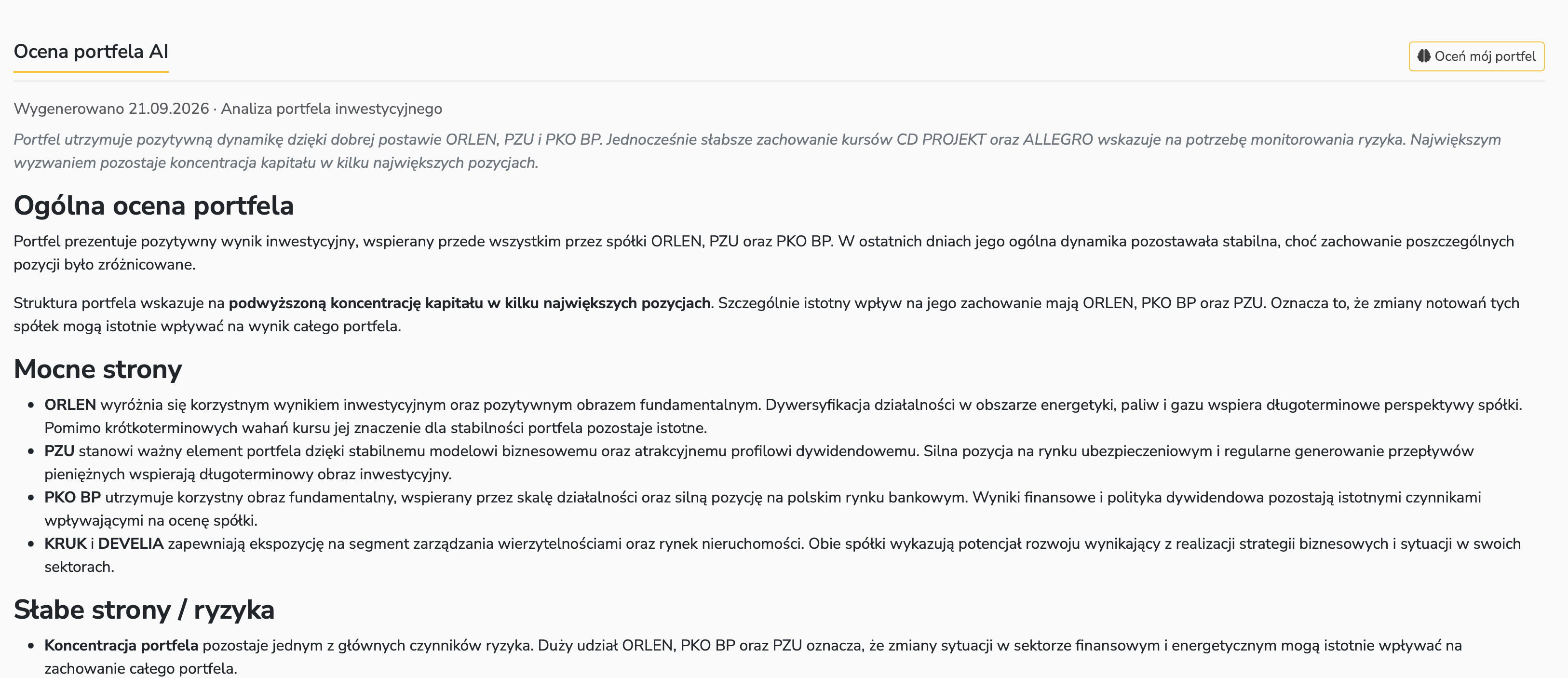 Ocena portfela inwestycyjnego przez AI w GpwAlert Premium - analiza inwestycji i komentarz